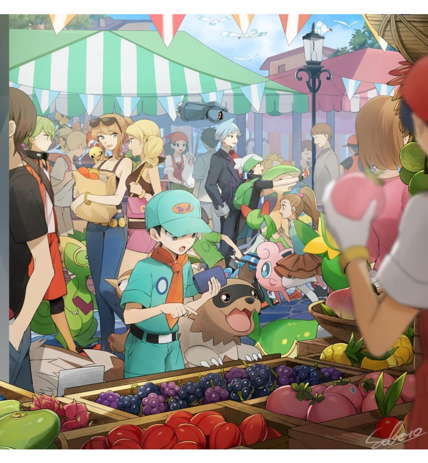 6+boys 6+girls ace_trainer_(male)_(pokemon_oras) ace_trainer_(pokemon) aroma_lady_(pokemon) backpack bag beauty_(pokemon) beldum berry_(pokemon) black_shirt blonde_hair blurry breloom brendan_(pokemon) brown_hair camper_(pokemon) character_request chingling commentary_request day fingerless_gloves floating gen_1_pokemon gen_2_pokemon gen_3_pokemon gen_4_pokemon gloves green_bag green_hair hand_in_pocket handbag headscarf highres holding holding_strap jacket jigglypuff kecleon kirlia lamppost multiple_boys multiple_girls nintendo occa_berry open_clothes open_jacket orange_gloves outdoors pants pointing pokemon pokemon_breeder_(pokemon) pokemon_oras pokemon_ranger_(pokemon) purple_shorts school_kid_(pokemon) shirt short_hair short_sleeves shorts sky standing steven_stone strap sunflora sunglasses white_gloves wingull yukin_(es) zigzagoon
