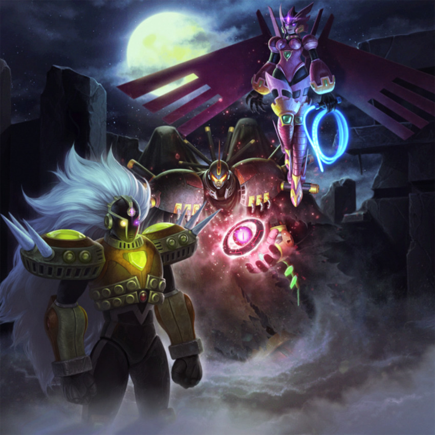 1girl 2boys android armor armored_boots armored_dress boots breasts capcom dress epsilon_(mega_man) ferham_(mega_man) gem gem_on_head glowing glowing_eyes glowing_weapon glowing_whip helmet highres holding long_hair mechanical_wings medium_breasts mega_man_(series) mega_man_x:_command_mission mega_man_x_(series) moon multiple_boys night night_sky non-web_source official_art rebelion_army_(megaman) scarface_(mega_man) sky spiked_boots spiked_footwear teppen tsudajiro weapon winged_helmet wings