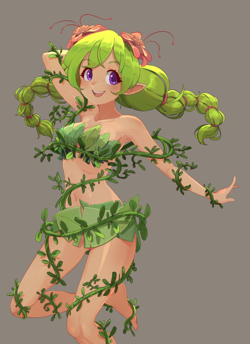 1girl :d absurdres bare_shoulders braid breasts dryad_(terraria) flower foot_out_of_frame green_hair grey_background hair_flower hair_ornament highres leaf_bikini leaf_bra leaf_clothing leaf_skirt long_hair medium_breasts navel open_mouth plant pointy_ears purple_eyes simple_background smile solo suweeka terraria twin_braids vines