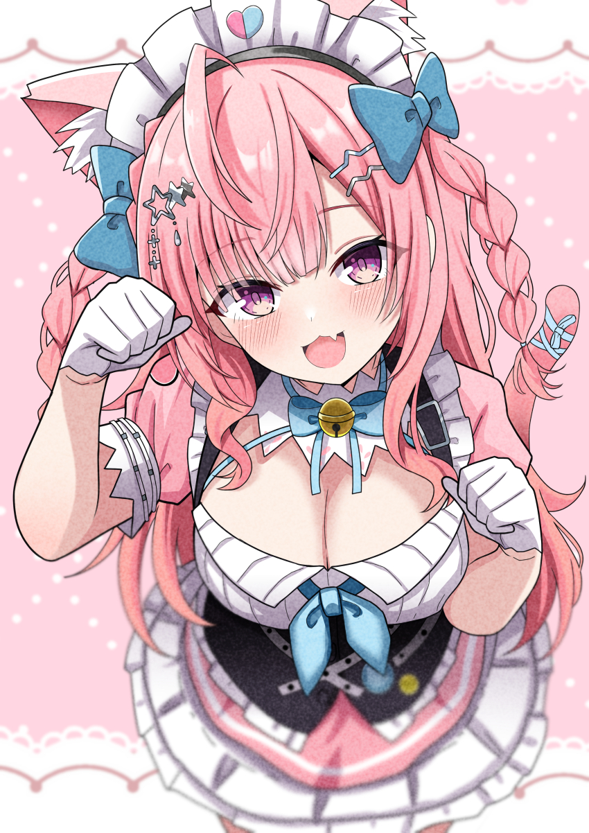 1girl absurdres ahoge animal_ears bell blue_bow blue_ribbon blurry blurry_background blush bow braid breasts cat_ears cat_girl cat_hair_ornament cat_tail dress extra_ears fang gloves hair_bow hair_ornament hairclip heart heart_print highres hosinonana indie_virtual_youtuber jingle_bell large_breasts long_hair looking_at_viewer maid maid_headdress neck_bell neck_ribbon open_mouth paw_pose pink_background pink_dress pink_eyes pink_hair pink_tail ribbon short_sleeves skin_fang smile solo star_(symbol) star_hair_ornament suspenders tail tail_ornament tail_ribbon two_side_up virtual_youtuber white_dress white_gloves yuuki_sakuna yuuki_sakuna_(3rd_costume)