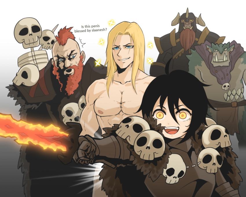 1girl 4boys archaon_the_everchosen armor awestruck beard black_hair blonde_hair blue_eyes cape chaos_(warhammer) clothed_female_nude_male clothed_male_nude_male collarbone commentary convenient_censoring dragon_ogre english_commentary english_text facial_hair fur_cape genderswap genderswap_(mtf) glowing gradient_background grey_background grin hellcross_(dkrejd2000) highres kholek_suneater long_hair multicolored_background multiple_boys muscular nude open_mouth pectorals plate_armor red_hair short_hair sigvald_the_magnificent simple_background skull smile smirk smug sparkle sword teeth throgg_the_troll_king total_war total_war:_warhammer troll troll_(warhammer) tusks warhammer_fantasy warrior_of_chaos weapon white_background wulfrik_the_wanderer yellow_eyes