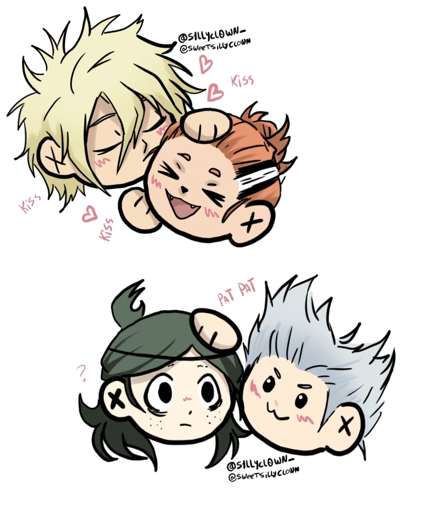 4boys :3 ? ahoge blonde_hair blue_lock blush chibi closed_eyes closed_mouth confused freckles green_hair hayate_haru headpat kissing_cheek kitsunezato_teru long_hair multicolored_hair multiple_boys open_mouth orange_hair ponytail simple_background smile spiked_hair teppei_neru two-tone_hair wakatsuki_itsuki white_background white_hair y_i_n_g