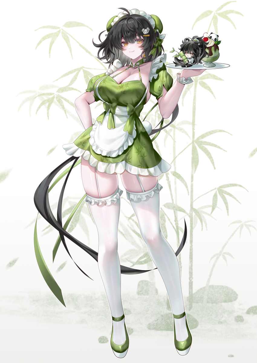 1boy 1girl absurdres ahoge alternate_costume apron black_hair breasts cleavage closed_mouth colored_inner_hair commentary dress earrings english_commentary enmaided female_rover_(wuthering_waves) food full_body garter_straps green_dress green_shoes hair_ornament hairclip highres holding holding_tray jewelry large_breasts long_hair maid maid_headdress mini_person multicolored_hair panda_hair_ornament qiuyuan_(wuthering_waves) rourou_(been) rover_(wuthering_waves) shoes skindentation smile solo_focus thighhighs thighs tray triangle_earrings very_long_hair waist_apron white_background white_garter_straps white_thighhighs white_wrist_cuffs wrist_cuffs wuthering_waves yellow_eyes
