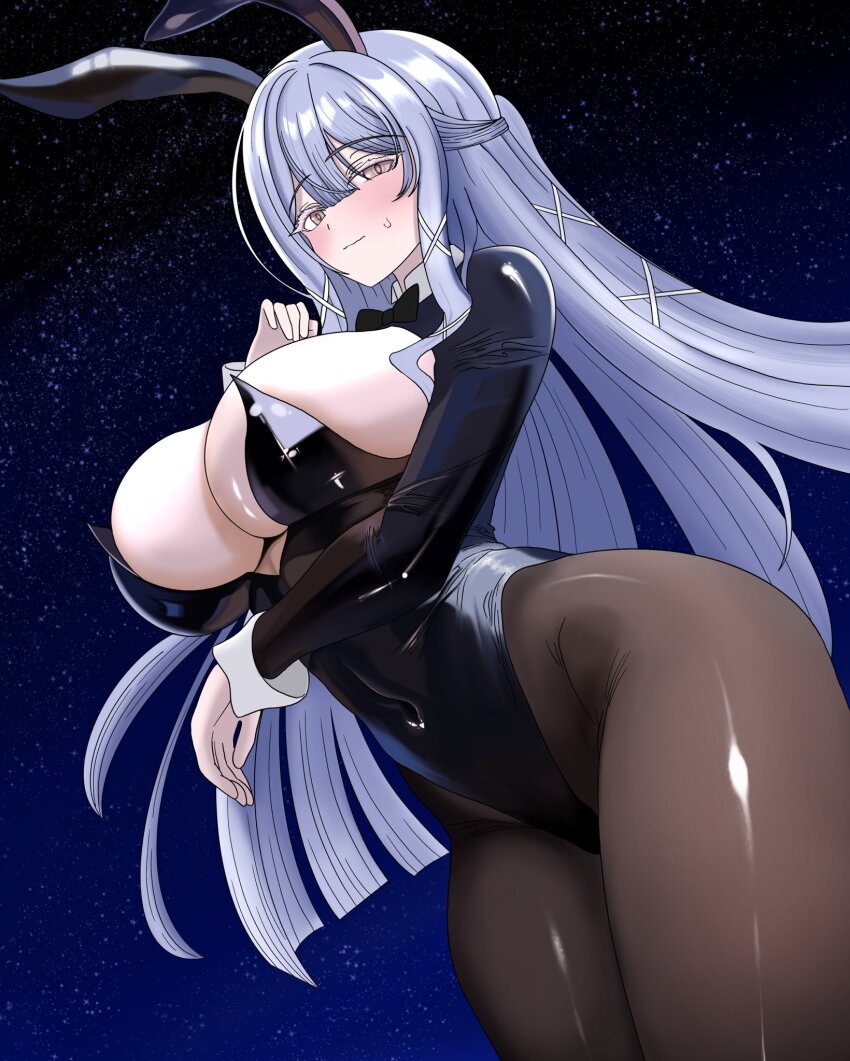 1girl animal_ears black_bow black_bowtie black_leotard blunt_ends blush bow bowtie breast_cutout breasts brown_eyes cleavage closed_mouth commentary_request counter:side covered_navel fake_animal_ears grey_hair hair_between_eyes hair_ornament half_updo hand_on_own_chest highleg highleg_leotard highres korean_commentary kurotel687 large_breasts leotard long_hair long_sleeves looking_at_viewer looking_down pantyhose playboy_bunny rabbit_ears sidelocks sky solo star_(sky) starry_sky swan_claire sweatdrop wavy_mouth x_hair_ornament