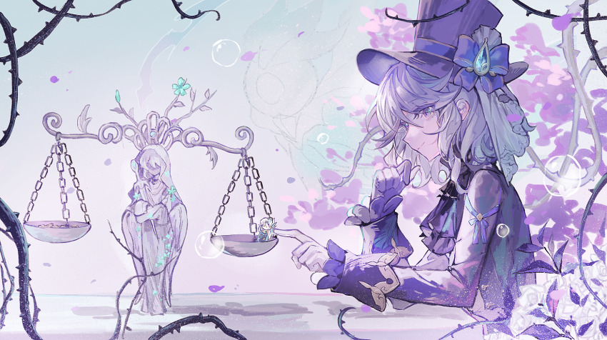 1girl ascot asymmetrical_gloves balance_scale black_ascot black_gloves blue_eyes blue_gemstone blue_hair blue_hat blue_jacket furina_(genshin_impact) gem genshin_impact gloves hat highres jacket light_blue_hair mismatched_gloves smile solo statue_of_the_seven swept_bangs top_hat weighing_scale white_gloves yuehan_dao