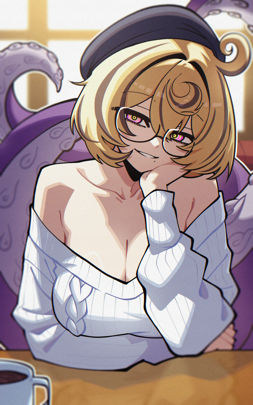 1girl absurdres alternate_costume bare_shoulders bespectacled black_hair blonde_hair breasts cleavage coffee collarbone commentary dryegen english_commentary glasses highres looking_at_viewer multicolored_hair pink_eyes short_hair smile solo sweater tentacle_girl two-tone_hair white_sweater yidhari_murphy zenless_zone_zero