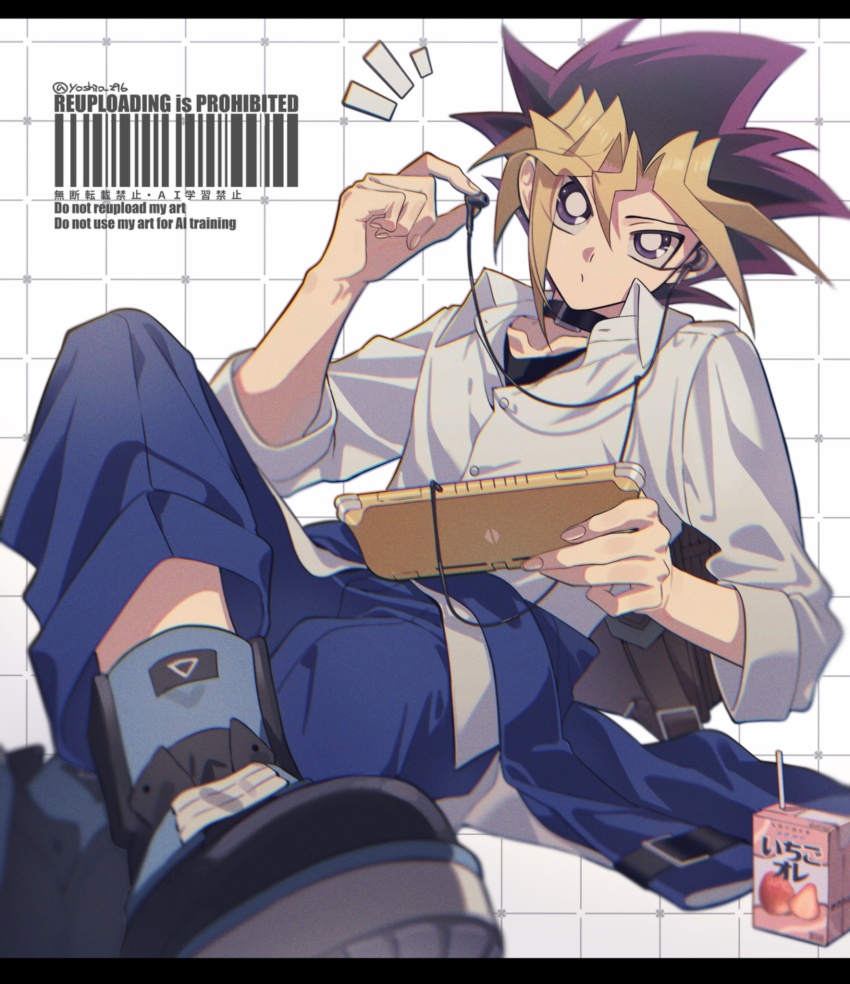 1boy blonde_hair blue_pants crossed_legs highres male_focus medium_hair multicolored_hair muto_yugi nintendo_switch pants purple_eyes purple_hair shirt sitting solo spiked_hair watermark white_shirt yoshio_296 yu-gi-oh! yu-gi-oh!_duel_monsters