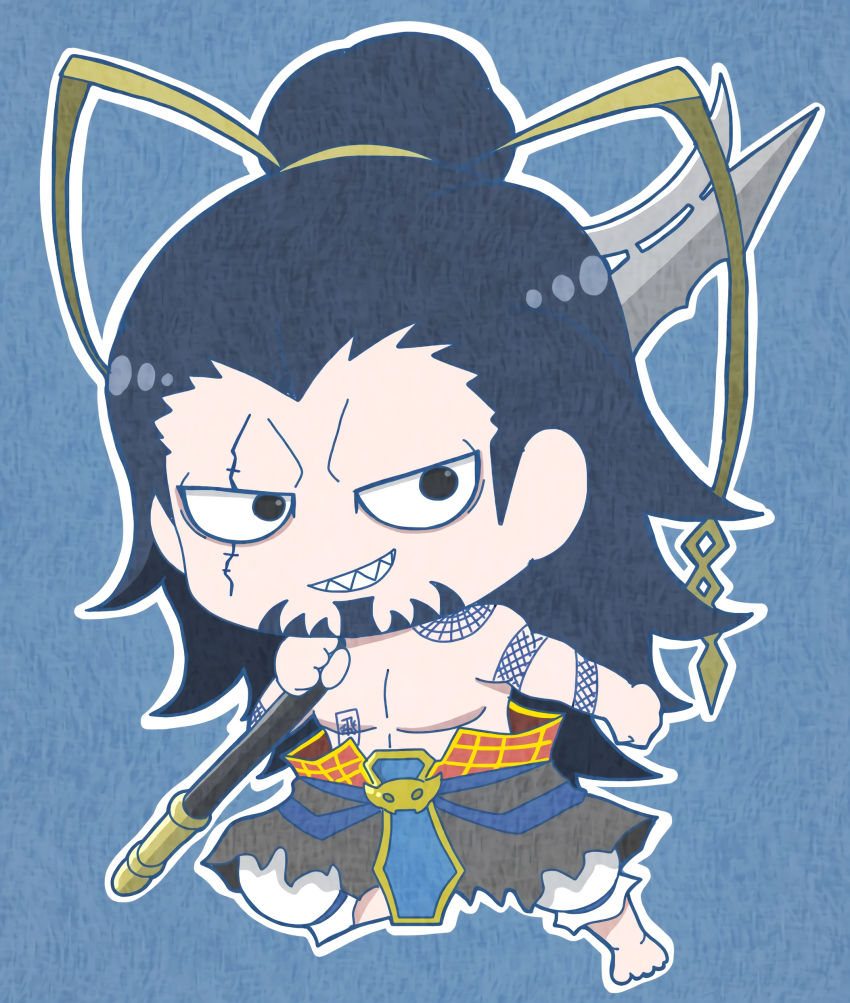 1boy abs absurdres arm_tattoo baggy_pants barefoot beard black_hair blue_background blue_eyes chinese_clothes derutta facial_hair full_body goatee gold_buckle gold_ribbon hair_bun hair_ribbon hand_up highres holding holding_lance holding_polearm holding_weapon lance long_hair lu_bu_(shuumatsu_no_valkyrie) male_focus muscular muscular_male no_eyebrows pants pectorals polearm ribbon scar scar_across_eye scar_on_face sharp_teeth shirtless_male shoulder_tattoo shuumatsu_no_valkyrie smile solo standing standing_on_one_leg tattoo teeth toned toned_male topknot topless_female very_long_hair weapon white_pants
