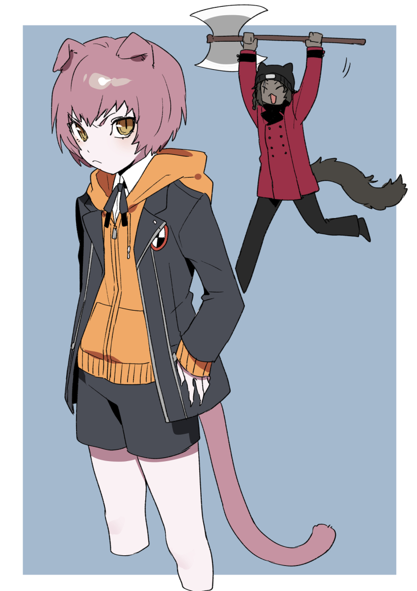 2boys :&lt; amada_ken amada_ken_(cosplay) animal_ears aragaki_shinjirou aragaki_shinjirou_(cosplay) arms_up axe bare_legs basilio_(metaphor:_refantazio) beanie black_footwear black_hat black_pants black_ribbon black_shorts border brothers buttons claws closed_eyes closed_mouth coat collared_shirt commentary_request company_connection cosplay cropped_legs crossover dark-skinned_male dark_skin fidelio_(metaphor:_refantazio) folded_ear gekkoukan_high_school_uniform hand_on_own_hip hat highres holding holding_axe holding_weapon hood hood_down hoodie jacket lapels layered_clothes layered_sleeves long_sleeves male_focus metaphor:_refantazio mgmgdes61 motion_lines multiple_boys neck_ribbon open_clothes open_jacket open_mouth orange_hoodie pants persona persona_3 pink_hair red_coat ribbon running school_emblem school_uniform shirt shorts siblings slit_pupils tail v-shaped_eyebrows weapon white_border white_shirt wing_collar yellow_eyes zipper zipper_pull_tab