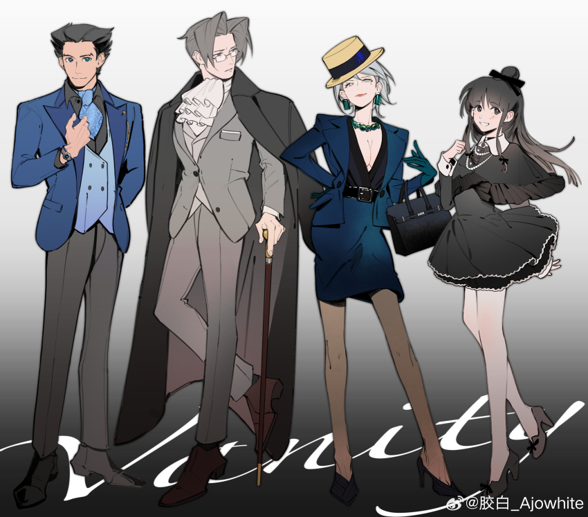 2boys 2girls absurdres ace_attorney ajowhite alternate_costume artist_name ascot bag belt black_background black_belt black_capelet black_coat black_dress black_hair black_shirt black_shoes blue_eyes blue_gloves blue_jacket blue_necktie blue_skirt boater_hat breasts brown_shoes cane capelet check_source cleavage closed_mouth coat coat_on_shoulders curtained_hair dress dress_shoes earrings formal_clothes franziska_von_karma full_body glasses gloves gradient_background grey_eyes grey_hair grey_jacket grey_pants grin hair_bun hair_slicked_back hand_on_cane hand_on_own_hip high_heels highres jacket jewelry lapels leg_up lipstick long_hair long_sleeves looking_at_another looking_at_viewer makeup male_focus maya_fey medium_breasts miles_edgeworth mole mole_under_eye multiple_boys multiple_girls necklace necktie notched_lapels open_clothes open_jacket pants pantyhose pearl_necklace pencil_skirt phoenix_wright pumps red_lips shirt shoes short_dress short_hair sidelocks skirt smile source_request standing standing_on_one_leg suit_jacket torn_clothes torn_pantyhose watch watermark weibo_watermark white_ascot white_background wristwatch