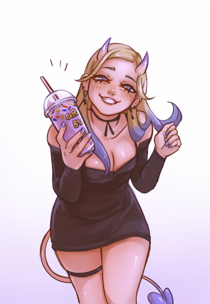 1girl black_choker black_dress blonde_hair breasts cerise_(chiffonfae) chiffonfae choker cleavage colored_tips commentary demon_girl demon_tail dress earrings english_commentary grimace_shake_(meme) grin highres horns jewelry long_hair medium_breasts meme milkshake multicolored_hair off-shoulder_dress off_shoulder original short_dress skin-covered_horns smile solo tail thigh_strap two-tone_hair