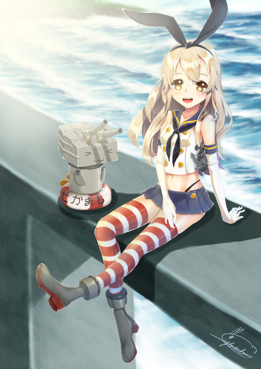 &gt;_&lt; 10s 1girl :3 :d absurdres anchor_hair_ornament brown_eyes closed_eyes cyta_celest elbow_gloves gloves hair_ornament hairband highres kantai_collection long_hair looking_at_viewer machinery navel ocean open_mouth pleated_skirt rensouhou-chan school_uniform serafuku shade shimakaze_(kancolle) ship_turret silver_hair sitting skirt smile striped_clothes striped_thighhighs thighhighs thong white_gloves x3 zettai_ryouiki