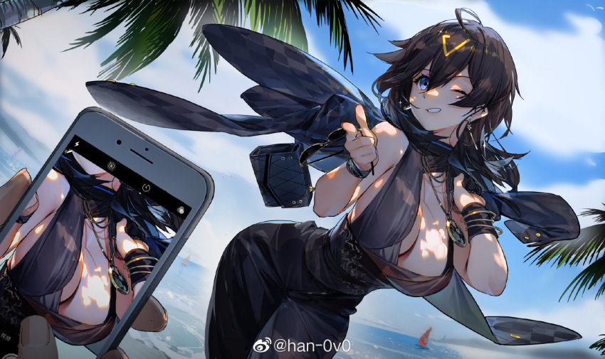 1girl ;) ahoge azur_lane bangle beach black_hair blue_eyes bracelet breasts cellphone cleavage cowboy_shot day dutch_angle earrings finger_gun fisheye georgia_(azur_lane) georgia_(south_town_pearl)_(azur_lane) grin hair_between_eyes han-0v0 highres jacket jacket_over_shoulder jewelry large_breasts long_hair necklace one_eye_closed outdoors phone pointing pointing_at_viewer smartphone smile solo_focus unworn_jacket watermark weibo_watermark wristband