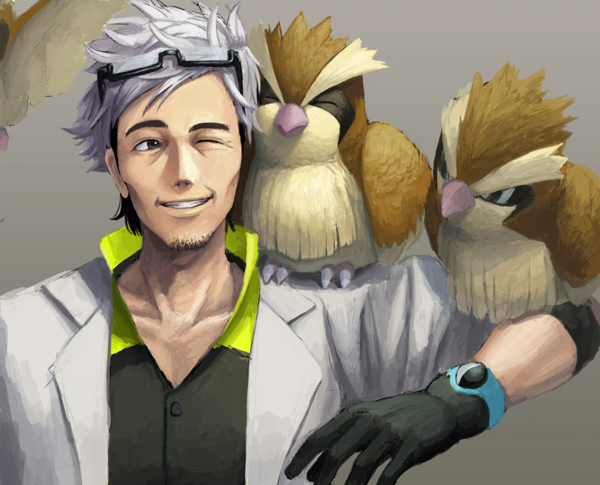1boy absurdres animal animal_on_arm animal_on_shoulder bird bird_on_arm bird_on_shoulder black-framed_eyewear black_gloves black_hair black_shirt closed_eyes closed_mouth commentary_request eyewear_on_head facial_hair gen_1_pokemon glasses gloves grey_background grey_hair highres jacket male_focus multicolored_hair nintendo one_eye_closed open_clothes open_jacket pidgey pokemon pokemon_(creature) pokemon_go shirt short_hair smile t@kuyoa teeth two-tone_hair white_jacket professor_willow
