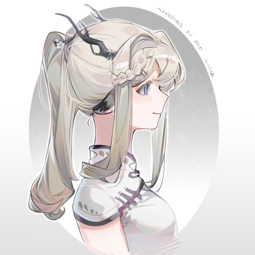 1girl absurdres alina_(arknights) alternate_costume animal_ears antler_ring antlers arknights blue_eyes china_dress chinese_clothes closed_mouth cropped_torso deer_antlers deer_ears deer_girl dress eyebrows_hidden_by_hair from_side gradient_background grey_background highres horns light_particles long_hair ponytail portrait profile short_sleeves sidelocks silver_hair smile solo white_dress zhongzhuangnao
