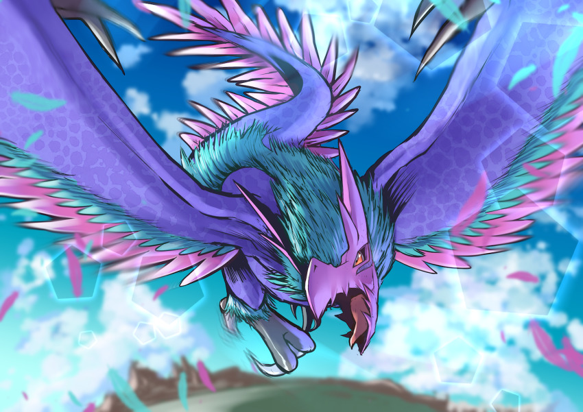 beak bird digimon digimon_(creature) feathered_wings feathers mountain ornismon solo wings