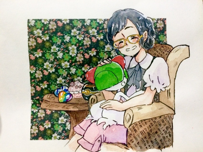 2girls black_hair blush bowl_cut chair closed_eyes colored_skin floral_background gen_3_pokemon glasses green_hair horns luxury_ball multiple_girls nintendo on_chair painting_(medium) pants pink_pants poke_ball pokemon pokemon_(creature) ralts smile sssiwako table traditional_media watercolor_(medium) white_skin