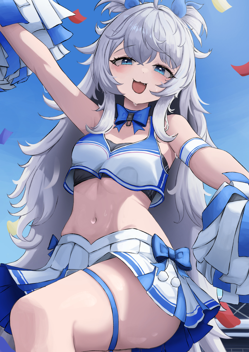 1girl :3 absurdres black_sports_bra blue_bow blue_bowtie blue_eyes bow bowtie cheerleader crop_top fang goddess_of_victory:_nikke highres knee_up long_hair navel open_mouth pleated_skirt poli_(cheer_up_police)_(nikke) poli_(nikke) pom_pom_(cheerleading) shirt skirt small_chair_(xiaosaiyi33818) solo sports_bra stomach sweatdrop white_hair white_shirt white_skirt