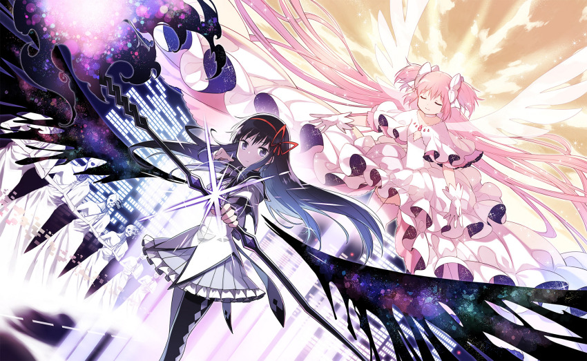 2girls absurdly_long_hair akemi_homura argyle_clothes argyle_pantyhose artist_request black_capelet black_hair black_pantyhose black_wings_of_corrosion bow bow_(weapon) bowtie breasts capelet chest_jewel choker circle_skirt city cleavage cleavage_cutout closed_eyes closed_mouth clothing_cutout collarbone collared_capelet diamond_cutout dot_nose dress energy_wings expressionless feet_out_of_frame fire firing flaming_weapon floating floating_clothes floating_hair frilled_skirt frills game_cg gem gloves glowing gown grey_skirt hair_between_eyes hair_bow hair_ribbon hairband happy high_collar highres holding holding_bow_(weapon) holding_weapon kaname_madoka layered_sleeves light_blush long_dress long_hair long_sleeves looking_at_viewer magic magical_girl mahou_shoujo_madoka_magica mahou_shoujo_madoka_magica_(anime) mahou_shoujo_madoka_magica_magia_exedra miniskirt multiple_girls night official_art outdoors pantyhose pink_gemstone pink_hair pink_theme pleated_skirt print_dress purple_bow purple_bowtie purple_capelet purple_eyes purple_fire red_hairband red_ribbon ribbon road short_dress sidelocks skirt sleeve_cuffs smile space_print spread_wings starry_sky_print street sunrise transparent_wings two-sided_dress two-sided_fabric two-tone_capelet two_side_up ultimate_madoka very_long_hair weapon white_bow white_choker white_dress white_gloves white_wings wings wraith_(madoka_magica)