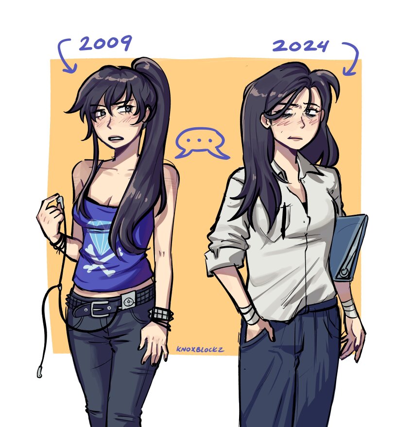 ... 2009 2024 2girls absurdres age_progression aged_up alternate_hairstyle bandaged_wrist bandages bare_shoulders black_hair black_nails black_pants blue_eyes bracelet breasts class_of_09 cleavage collared_shirt dual_persona earphones hair_down hand_in_pocket highres holding holding_binder holding_earphones jewelry knoxblockz long_hair mature_female multiple_girls nicole_(class_of_09) pants parted_lips ponytail shirt simple_background sleeveless studded_bracelet twitter_username white_shirt