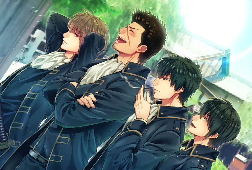 4boys :d ^_^ architecture arms_behind_head ascot belt black_coat black_eyes black_hair black_pants black_vest blush brown_hair building cigarette closed_eyes closed_mouth coat collared_coat crossed_arms day east_asian_architecture gintama hand_up hijikata_toushirou holding holding_cigarette katana kondou_isao long_sleeves looking_at_another looking_away male_focus military military_uniform multiple_boys okita_sougo open_mouth outdoors pants profile red_eyes scar scar_on_face sheath sheathed shinsengumi_(gintama) short_hair signature smile spiked_hair sword tataki_katsuo tree upper_body vest weapon yamazaki_sagaru