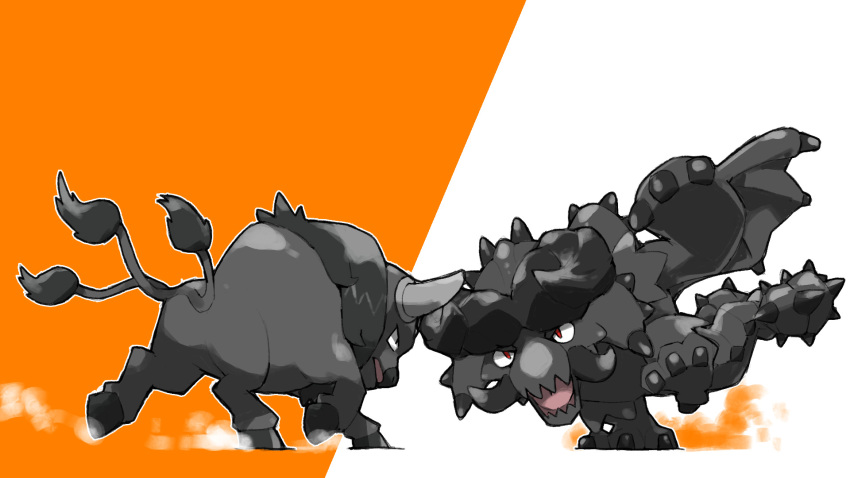 black_diablos blacknirrow bull creatures_(company) crossover game_freak grey_horns highres horns monster monster_hunter_(series) multiple_tails nintendo no_humans open_mouth orange_background outline paldean_tauros paldean_tauros_(combat_breed) pokemon pokemon_(creature) red_eyes simple_background tail two-tone_background white_background white_outline