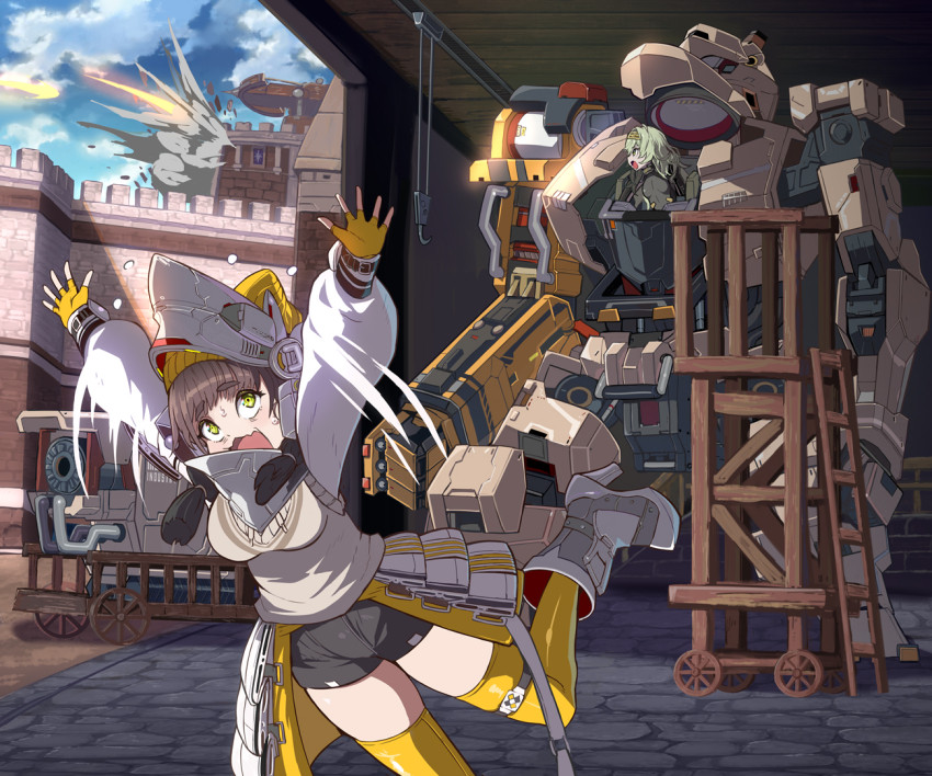 2girls armored_gloves arms_up belt_pouch black_bodysuit black_ribbon black_shorts black_skirt bodysuit braid breasts brown_hair brown_sweater chime_(nikke) cockpit explosion fingerless_gloves fortress fur_collar gloves goddess_of_victory:_nikke green_eyes green_hair hair_ribbon hairband helmet humanoid_robot kilo_(nikke) long_hair long_sleeves mecha metal_hairband multiple_girls open_cockpit open_mouth pouch ribbon robot shirt shorts skin_tight skirt sleeveless sleeveless_sweater small_breasts standing standing_on_one_leg sweater syope talos_(nikke) thighhighs white_shirt yellow_gloves yellow_thighhighs