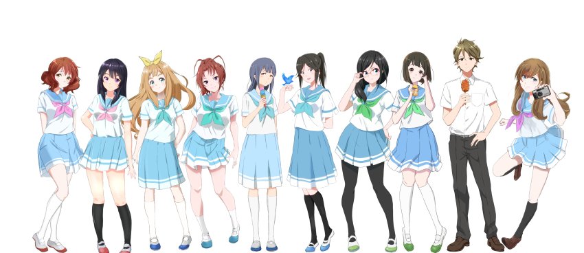 1boy 6+girls absurdres bird black_hair black_pants blonde_hair blue_eyes blue_hair blue_neckerchief blue_sailor_collar blue_skirt bluebird blush brown_eyes brown_hair closed_mouth collared_shirt glasses green_eyes green_neckerchief hair_ribbon hand_up hibike!_euphonium highres kasaki_nozomi kitauji_high_school_uniform kousaka_reina kuroe_mayu loafers long_hair multiple_girls nakagawa_natsuki nakaseko_kaori neckerchief nozo133 oumae_kumiko over-rim_eyewear pants pink_neckerchief pleated_skirt ponytail purple_eyes red-framed_eyewear red_eyes ribbon sailor_collar school_uniform semi-rimless_eyewear serafuku shirt shoes short_hair short_sleeves simple_background skirt smile standing tanaka_asuka tsukamoto_shuuichi uwabaki white_background white_footwear white_shirt yellow_ribbon yoroizuka_mizore yoshikawa_yuuko