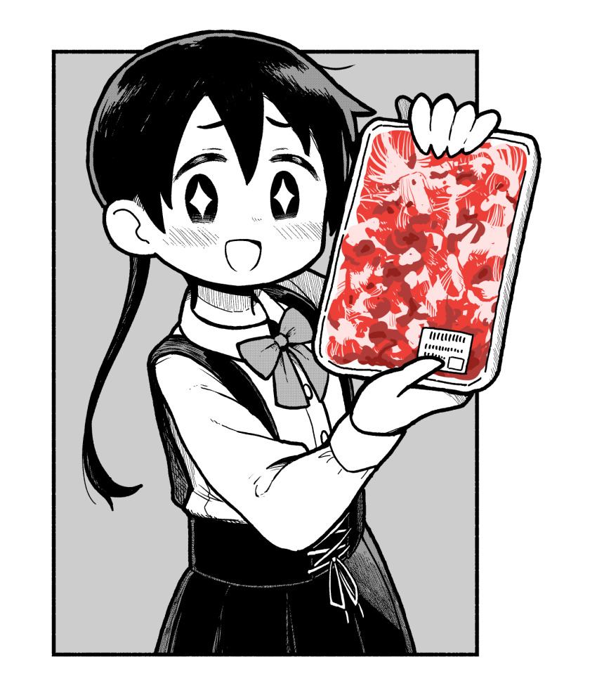 +_+ 1girl :d bow bowtie buttons collared_shirt commentary_request cross-laced_clothes cross-laced_skirt food food_packaging hands_up highres holding long_hair long_sleeves looking_at_viewer meat monochrome open_mouth original outside_border pleated_skirt raw_meat shirt skirt smile solo spot_color suspender_skirt suspenders takurada