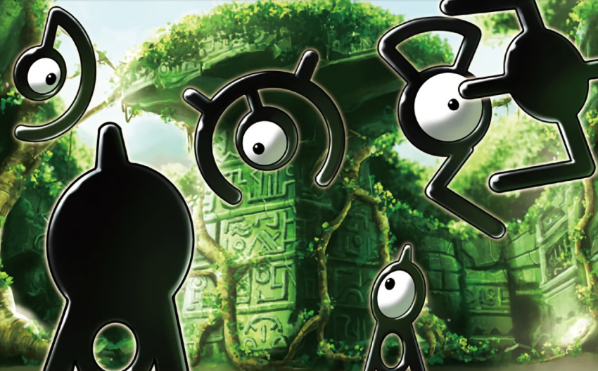 creature eye_contact floating fukuda_masakazu gen_2_pokemon looking_at_another looking_away looking_up nintendo no_humans official_art pokemon pokemon_(creature) pokemon_tcg single_eye standing third-party_source unown unown_a unown_d unown_e unown_g unown_m