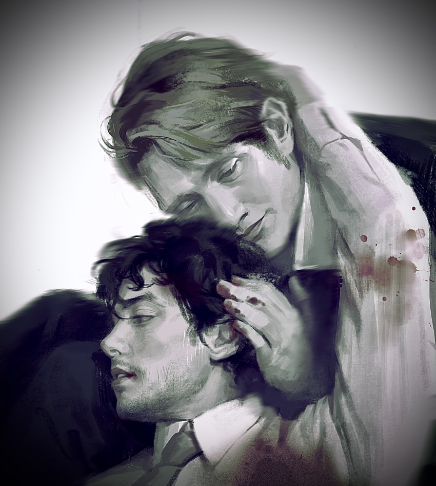 2boys absurdres arm_around_neck beard_stubble blood blood_on_clothes blood_on_hands chin_rest closed_mouth collared_shirt expressionless facial_hair formal_clothes greyscale hannibal_(tv_series) hannibal_lecter head_on_head head_rest highres knees_up lap_pillow light_smile lips long_sleeves male_focus messy_hair monochrome multiple_boys mustache_stubble necktie pants parted_lips realistic shirt short_hair simple_background sitting stubble suit thick_eyebrows upper_body vignetting wengonger white_background will_graham yaoi