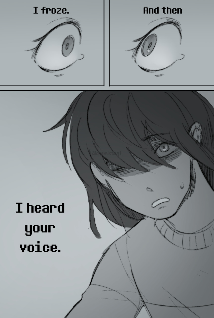 1alchemistart 1girl 1other androgynous deltarune eyelashes frown greyscale highres kris_(deltarune) monochrome noelle_holiday other_focus tareme weird_route_(deltarune)