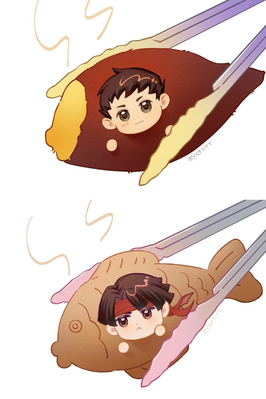 2boys :&lt; :3 absurdres ace_attorney brown_eyes brown_hair chinese_commentary closed_mouth commentary_request food frown headband highres in_food kaze_(yznyttdgs) kazuma_asogi male_focus mini_person miniboy multiple_boys red_headband ryunosuke_naruhodo smile sweet_potato taiyaki the_great_ace_attorney tongs wagashi white_background