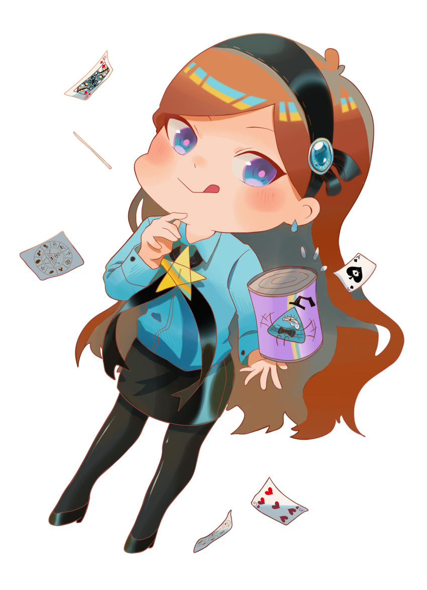 1girl absurdres aqua_eyes aqua_vest bill_cipher brooch brown_hair can canned_food card chibi dark_persona edenfox formal_clothes gem glowing_jewelry gravity_falls hair_ornament hairband highres jewelry long_hair mabel_gleeful mabel_pines pantyhose pencil_skirt pentagram playing_card shirt skirt will_cipher