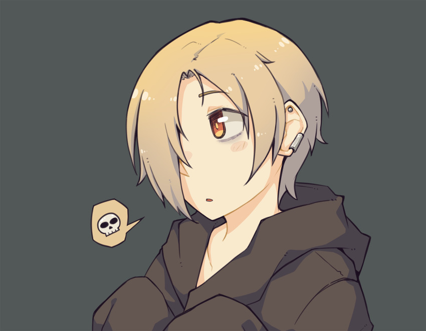 1girl bags_under_eyes black_hoodie blonde_hair blush commentary_request earclip earrings grey_background hair_between_eyes hair_over_one_eye highres hood hood_down hoodie idolmaster idolmaster_cinderella_girls jewelry kokuya_(kokuya28) long_bangs looking_afar open_mouth shirasaka_koume short_hair simple_background sleeves_past_fingers sleeves_past_wrists solo spoken_skull stud_earrings tomboy