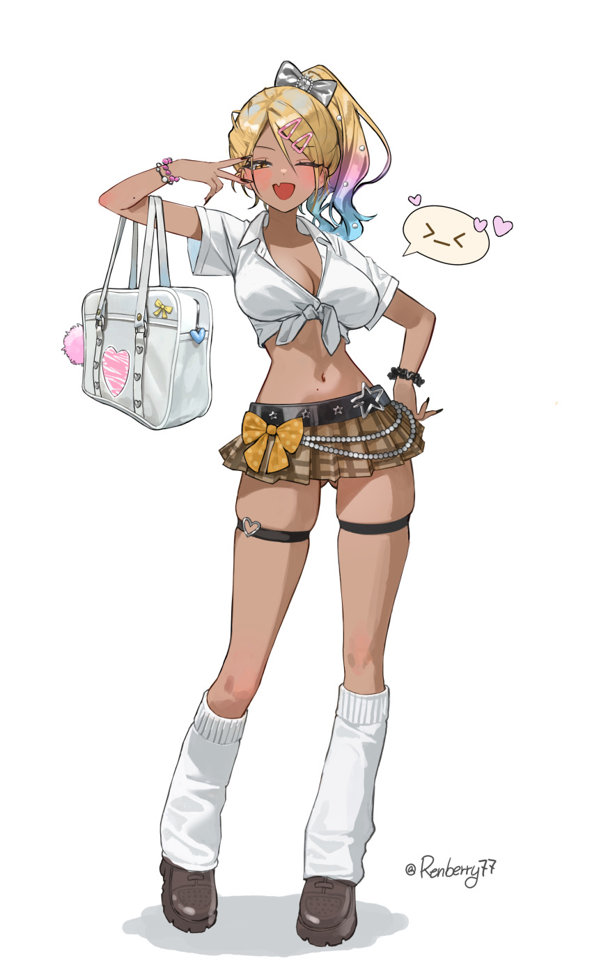 1girl ;d absurdres bag blonde_hair blue_hair blush bow bracelet breasts brown_shoes brown_skirt cleavage commentary crop_top cropped_shirt dark-skinned_female dark_skin fang front-tie_top full_body gradient_hair gyaru hair_bow hair_ornament hairclip highres jewelry kneehighs large_breasts looking_at_viewer medium_hair midriff miniskirt multicolored_hair navel one_eye_closed open_mouth original pink_hair plaid_clothes plaid_skirt pleated_skirt polka_dot polka_dot_bow ponytail renberry77 school_bag shirt shoes short_sleeves simple_background skin_fang skindentation skirt smile socks standing thigh_strap twitter_username white_background white_bow white_shirt white_socks yellow_bow yellow_eyes