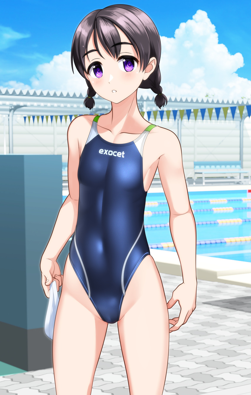 1girl absurdres black_hair blue_one-piece_swimsuit blue_sky braid breasts clothes_writing cloud commentary_request competition_swimsuit day feet_out_of_frame highleg highleg_one-piece_swimsuit highres lane_line looking_at_viewer low_twintails medium_hair multicolored_swimsuit one-piece_swimsuit original outdoors pool purple_eyes sky small_breasts solo standing string_of_flags swimsuit takafumi twin_braids twintails unworn_swim_cap variant_set