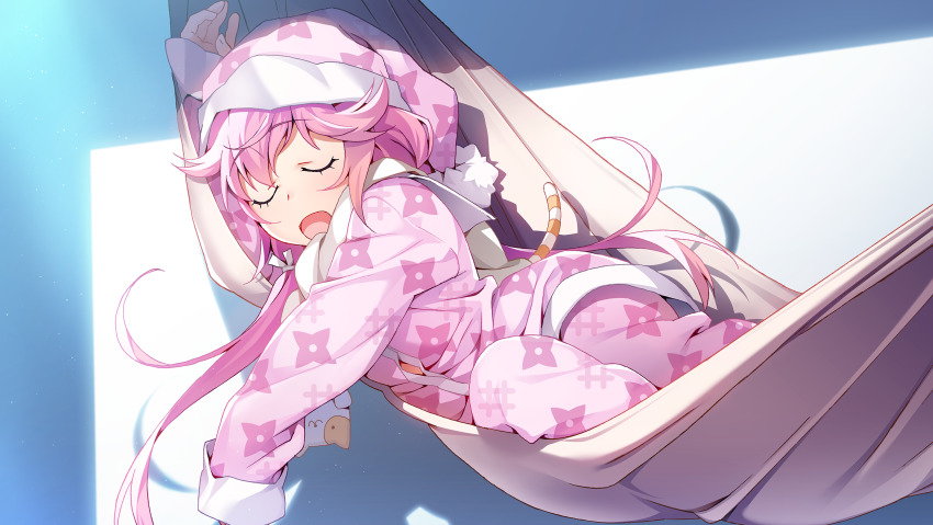 1girl closed_eyes game_cg grisaia_(series) grisaia_phantom_trigger hammock hat highres ikoma_murasaki long_hair long_sleeves nightcap official_art open_mouth pajamas pink_hair sleeping solo watanabe_akio