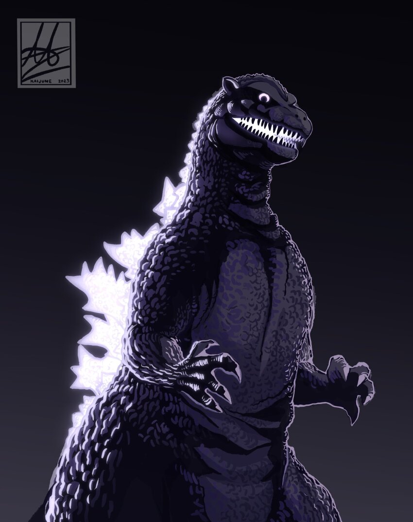 alex_alcanter black_background claws dinosaur giant giant_monster glowing glowing_spikes godzilla godzilla_(1954) godzilla_(series) grey_background highres kaiju monochrome monster no_humans open_mouth pointy_ears sea_monster sharp_teeth simple_background spikes teeth toho two-tone_background