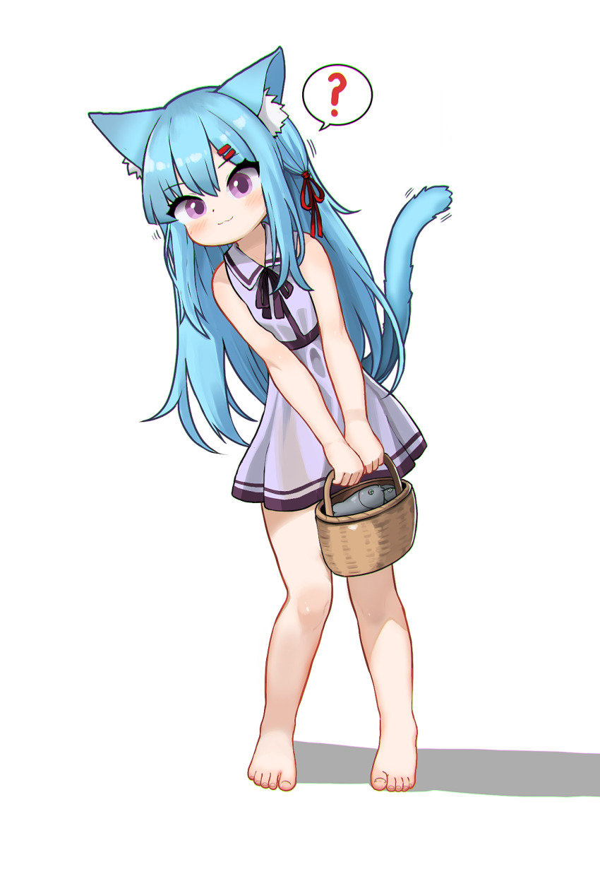 1girl ? animal_ear_fluff animal_ears bare_arms bare_legs bare_shoulders barefoot basket blue_hair blue_tail cat_ears cat_girl cat_tail closed_mouth dress fish full_body hair_between_eyes hair_ornament hair_ribbon hairclip holding holding_basket kuma-bound leaning_to_the_side light_blush long_hair looking_at_viewer neck_ribbon original pink_eyes purple_dress purple_ribbon red_ribbon ribbon short_dress simple_background sleeveless sleeveless_dress smile solo spoken_question_mark standing straight_hair tail tail_raised toes white_background