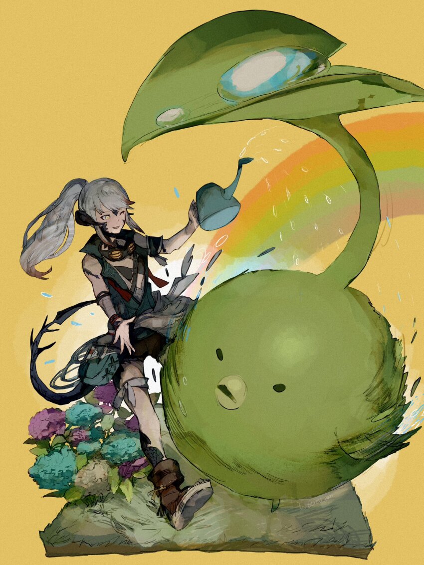 1girl ;d ankle_boots au_ra blue_flower boots bracelet brown_footwear brown_shorts creature dew_drop dragon_girl dragon_horns dragon_tail final_fantasy final_fantasy_xiv flower full_body goggles goggles_around_neck green_vest grey_hair highres holding holding_watering_can horns jewelry korpokkur_(final_fantasy) leaf long_hair one_eye_closed open_mouth ponytail rainbow scales shorts simple_background smile spiked_tail tail thigh_strap vest warrior_of_light_(ff14) water water_drop watering watering_can white_background white_flower yellow_eyes zerou_pan