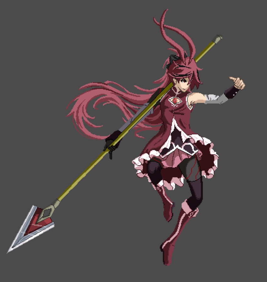 aeonimitate black_hair colored_skin cosplay highres holding holding_weapon kuon_(under_night_in-birth) long_hair magical_girl mahou_shoujo_madoka_magica mahou_shoujo_madoka_magica_(anime) multicolored_hair multicolored_skin pixel_art polearm ponytail red_eyes red_hair sakura_kyoko sakura_kyoko_(cosplay) sakura_kyoko_(magical_girl) spear two-tone_hair under_night_in-birth under_night_in-birth_2_sys:celes weapon