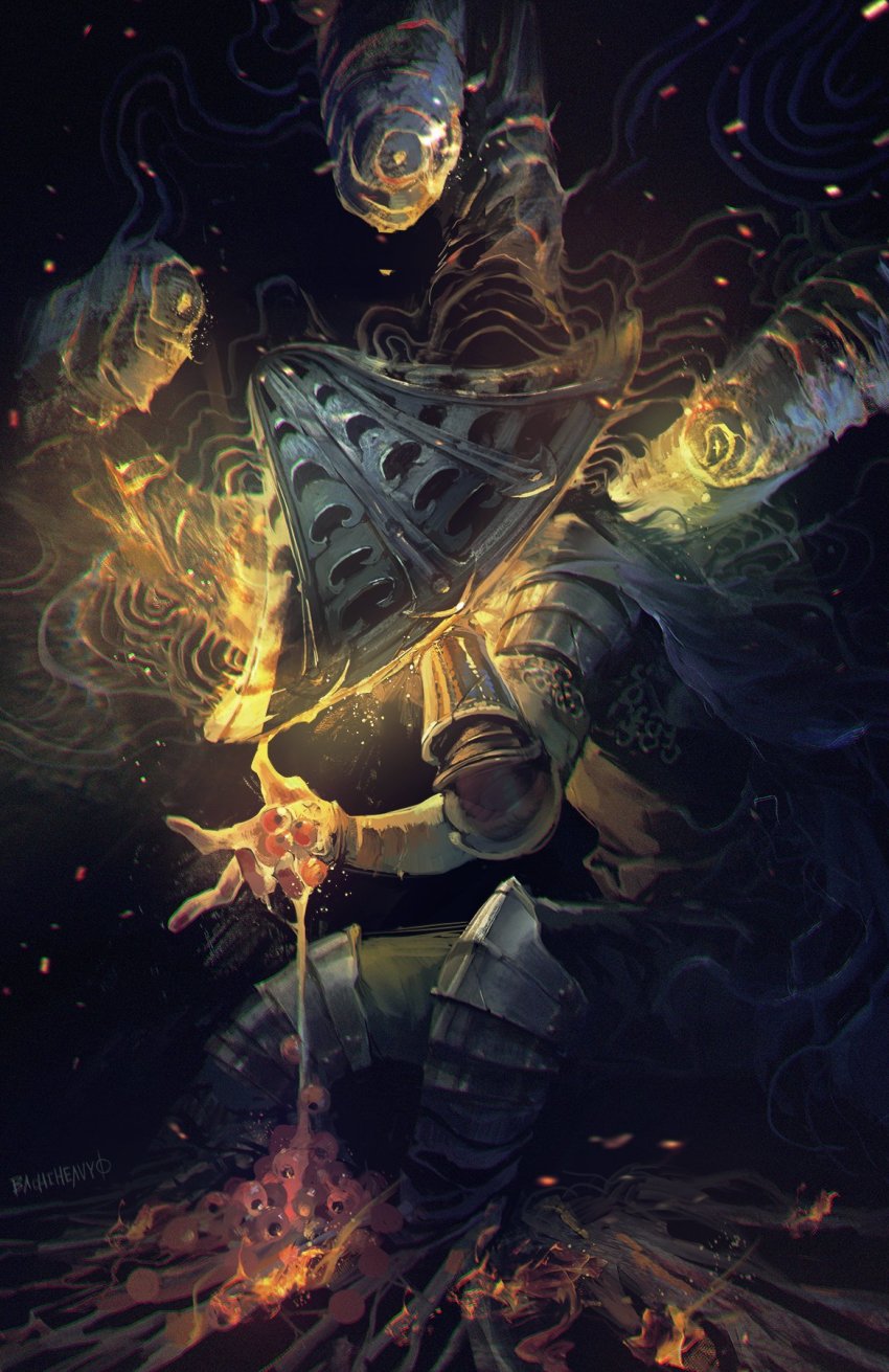 1boy armor aura bloody_finger_hunter_yura cape elden_ring eyeball hand_up hat highres jingasa maddoze male_focus shabriri_(elden_ring) solo spoilers three_fingers_(elden_ring)