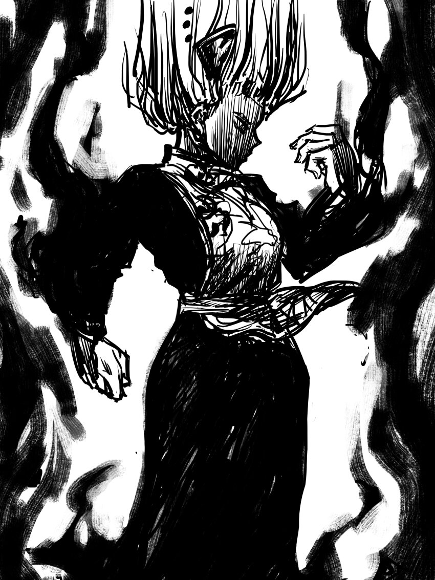 1girl absurdres aura clenched_hand dark_aura dress eddybird55555 floating_clothes floating_hair greyscale hand_up hat highres hunter_x_hunter junko_(touhou) long_dress long_hair looking_at_hand monochrome phoenix_crown solo tabard touhou