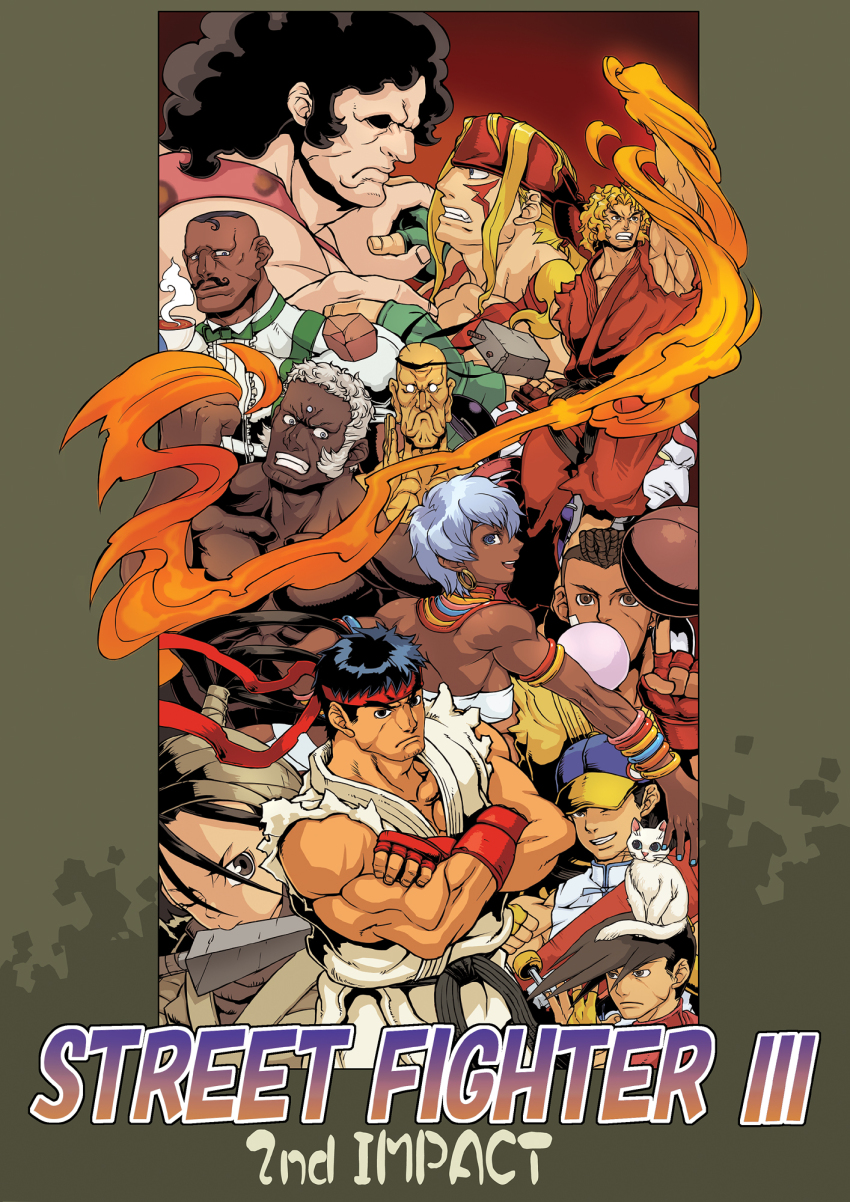 2girls 6+boys alex_(street_fighter) bald black_hair capcom copyright_name crossed_arms dark_skin dudley elena_(street_fighter) everyone fingerless_gloves fire fire gloves headband highres hugo_andore ibuki_(street_fighter) ken_masters looking_at_viewer multiple_boys multiple_girls muscular necro_(street_fighter) ninja oro_(street_fighter) q_(street_fighter) red_gloves ryu_(street_fighter) sean_matsuda street_fighter street_fighter_iii_(series) torashiro_eiji uniform upper_body urien yang_lee yun_lee