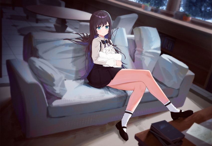 1girl absurdres aderzorns alina_clover armchair black_bow black_bowtie black_shoes black_skirt blue_eyes bookshelf bow bowtie breasts brown_hair carpet chair closed_mouth coffee_table couch eyebrows_hidden_by_hair feet_on_table full_body guild_no_uketsukejou_desu_ga_zangyou_wa_iya_nanode_boss_wo_solo_toubatsu_shiyou_to_omoimasu highres holding holding_pillow light_blush long_hair looking_at_viewer medium_breasts on_couch pillow serious shadow shirt shoes sitting skirt solo table very_long_hair white_shirt
