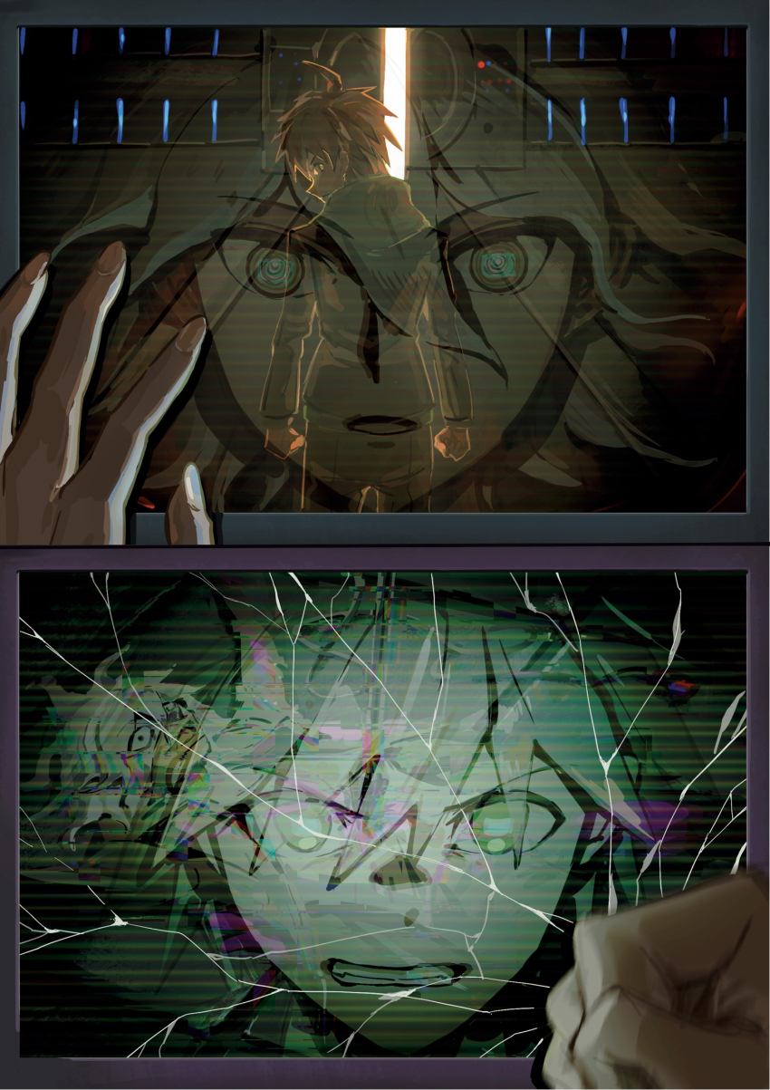 2boys @_@ ahoge blood clenched_hand clenched_hands clenched_teeth danganronpa:_trigger_happy_havoc danganronpa_(series) danganronpa_2:_goodbye_despair hair_between_eyes hand_up highres hood hood_down jacket komaeda_nagito long_sleeves medium_hair messy_hair multiple_boys naegi_makoto open_door open_mouth pants pink_blood reflection short_hair sora_(11451) spiked_hair spoilers teeth