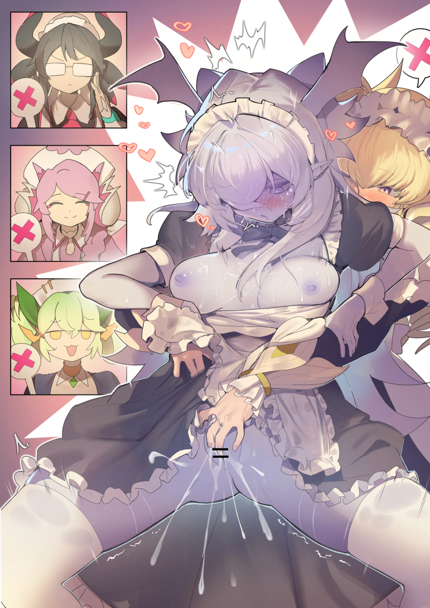 5girls absurdres alternate_costume apron bar_censor black_hair blonde_hair breasts censored commentary_request commission dominus_impulse dragon_girl dragon_horns dress duel_monster enmaided female_ejaculation fingering glasses green_hair hat highres horns house_dragonmaid lady&#039;s_dragonmaid long_hair maid maid_headdress multiple_girls nurse_cap nurse_dragonmaid parlor_dragonmaid pink_hair pixiv_commission ro_g_(oowack) yu-gi-oh! yuri