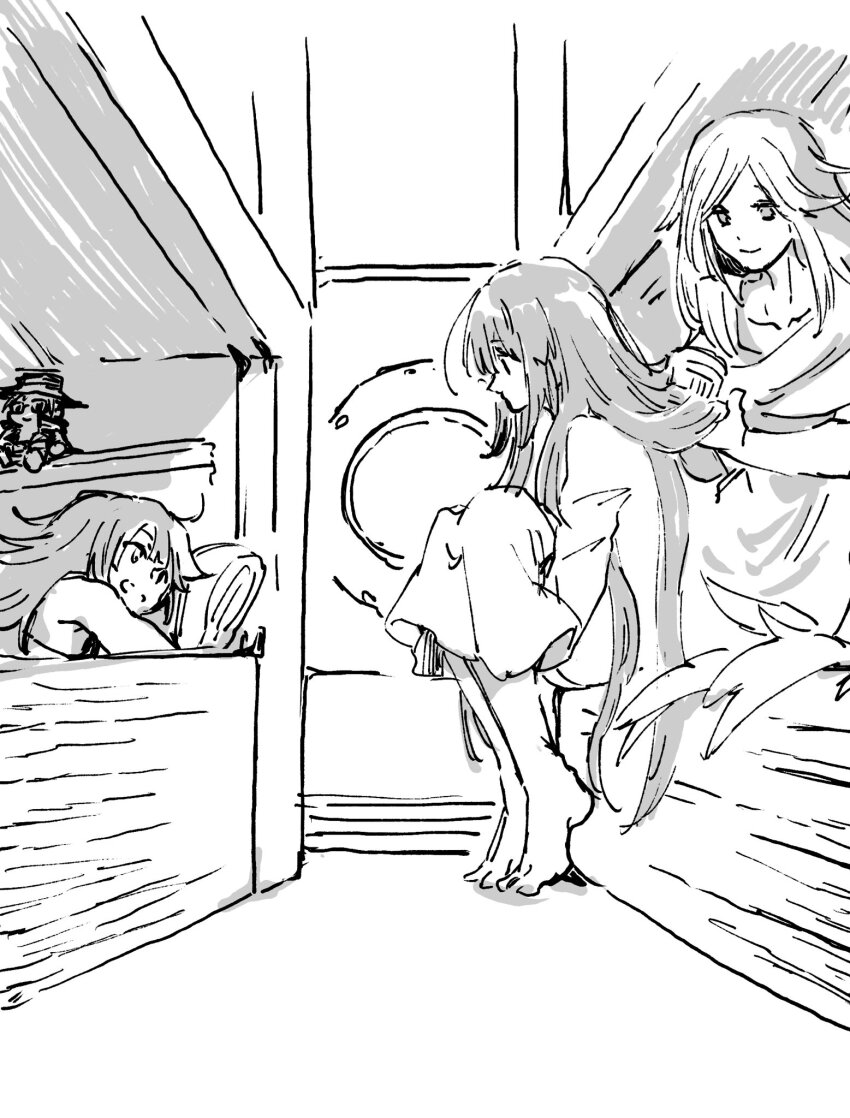 3girls bed brushing_another&#039;s_hair brushing_hair dizzy_(guilty_gear) greyscale guilty_gear guilty_gear_xx highres holding holding_brush indoors johnny_(guilty_gear) long_hair looking_at_another lying may_(guilty_gear) monochrome multiple_girls mundane_utility smile stuffed_toy tosshin undine_(guilty_gear)