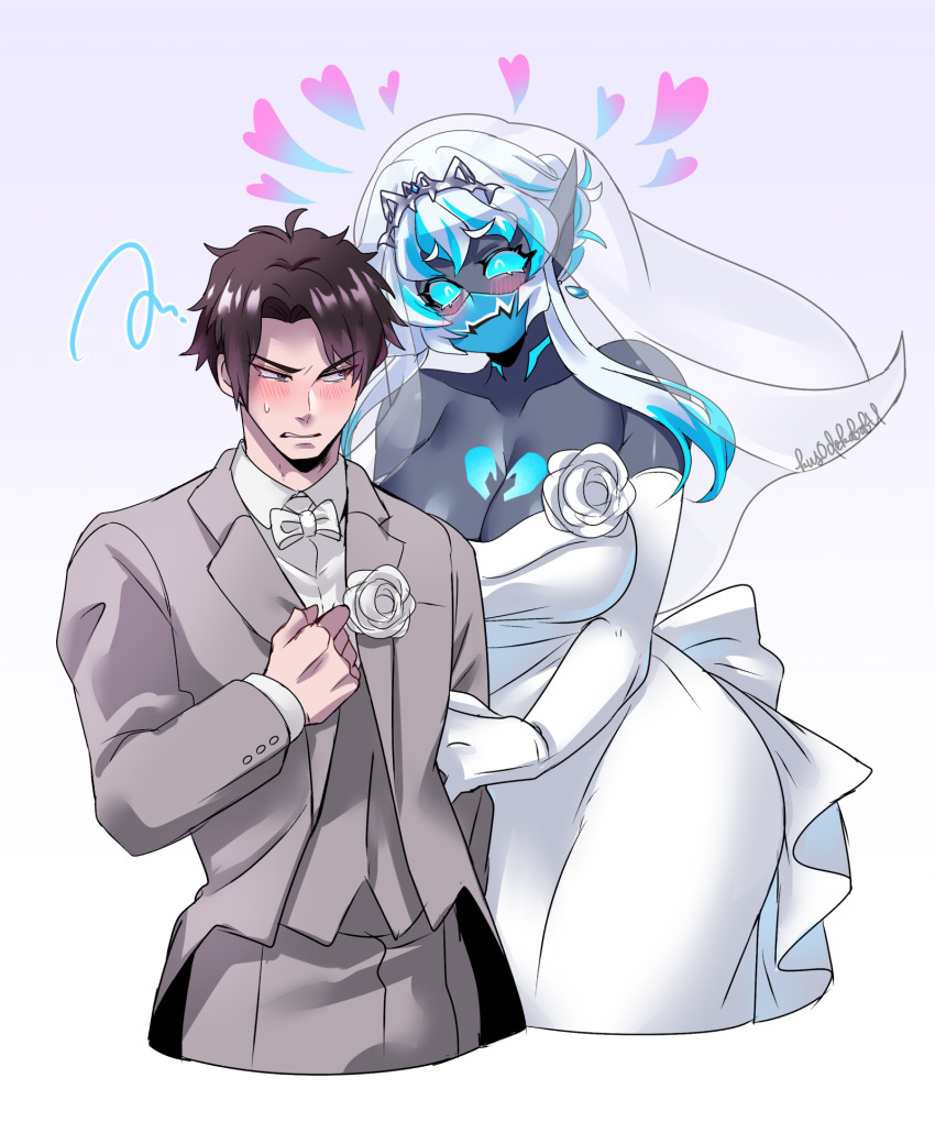 1boy 1girl annoyed arm_at_side black_skin blue_eyes blue_hair blue_nails blush bow bowtie breasts bridal_veil brown_hair cleavage colored_skin demon_girl dress flower formal_clothes genderswap genderswap_(mtf) grey_jacket grey_pants heart heart_tattoo highres husband_and_wife igarashi_ikki jacket jewelry kamen_rider kamen_rider_revice kus0dekababu long_hair multicolored_hair nail_polish pants pointy_ears ring shirt streaked_hair suit suit_jacket tattoo tuxedo veil vice_(kamen_rider_revice) wedding_dress wedding_ring white_background white_bow white_bowtie white_hair white_shirt